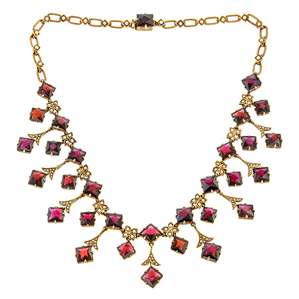 Antique Garnet & Pearl Fringe Necklace sold by Doyle & Doyle an antique & vintage jewelry boutique.