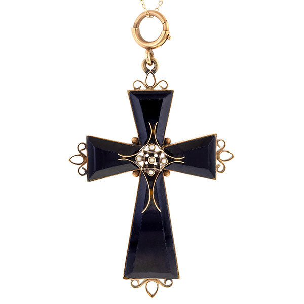 Victorian Pearl & Onyx Cross sold by Doyle & Doyle vintage and antique jewelry boutique.