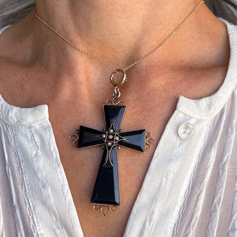Victorian Pearl & Onyx Cross sold by Doyle & Doyle vintage and antique jewelry boutique.