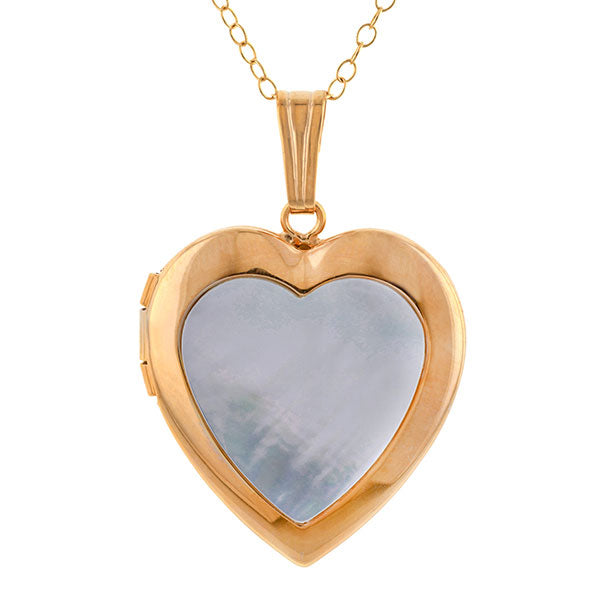 Mother of Pearl Heart Locket sold by Doyle & Doyle vintage and antique jewelry boutique.
