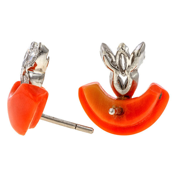 Vintage Coral & Diamond Earrings sold by Doyle & Doyle an antique and vintage jewelry boutique.