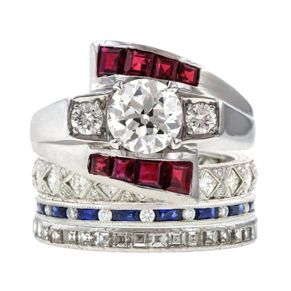 Retro Diamond and Ruby Platinum Bypass Ring from Doyle and Doyle 110284R