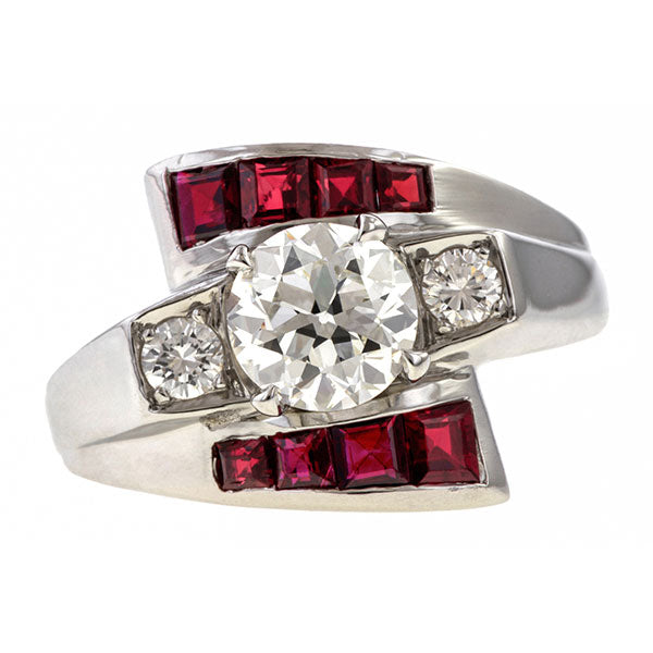 Retro Diamond & Ruby Bypass Ring sold by Doyle & Doyle vintage and antique jewelry boutique.