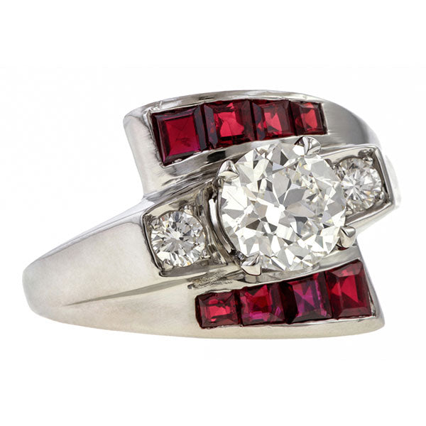 Retro Diamond & Ruby Bypass Ring sold by Doyle & Doyle vintage and antique jewelry boutique.