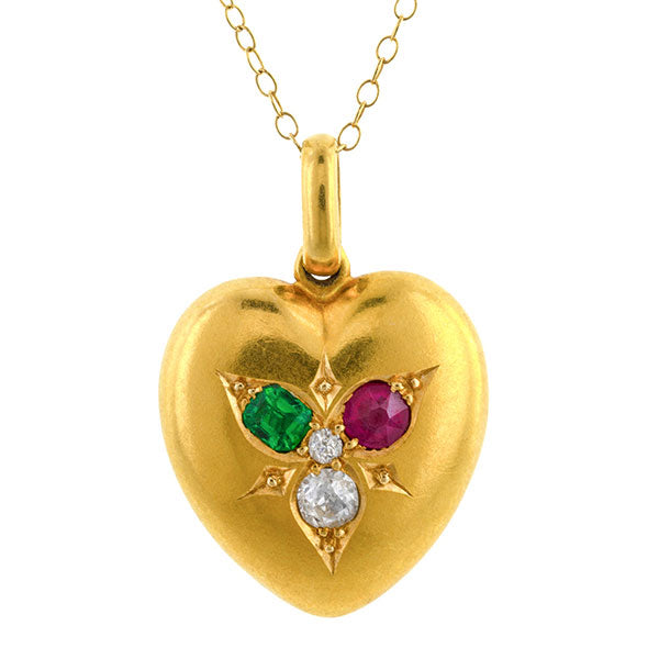 Victorian Emerald, Ruby & Diamond Heart Locket sold by Doyle & Doyle an antique and antique jewelry boutique.
