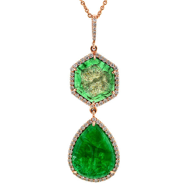 Carved Emerald & Diamond Pendant sold by Doyle & Doyle an antique & vintage jewelry boutique.