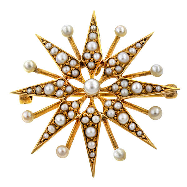 Victorian Seed Pearl Sunburst Pin sold by Doyle and Doyle an antique and vintage jewelry store.