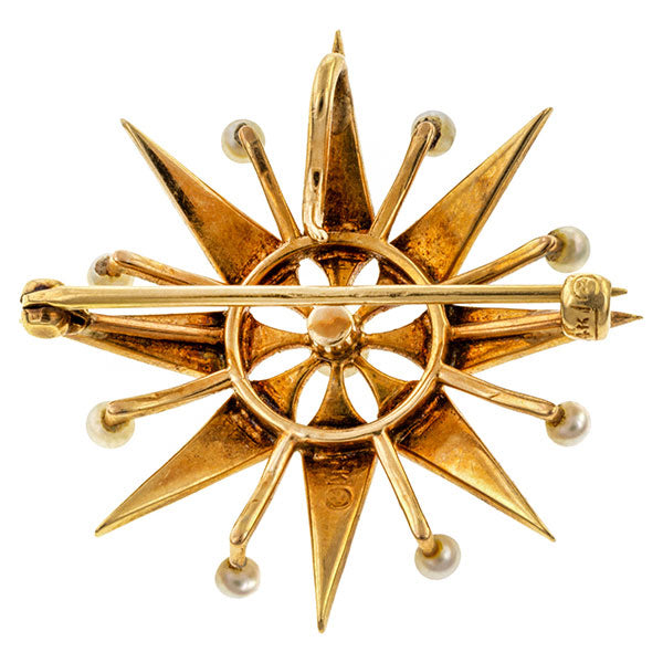 Victorian Seed Pearl Sunburst Pin sold by Doyle and Doyle an antique and vintage jewelry store.