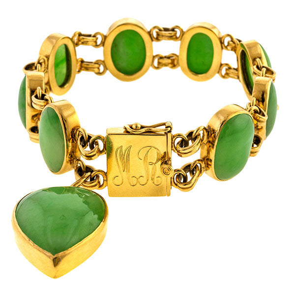 Vintage Cabochon Jade Link Bracelet sold by Doyle & Doyle an antique and vintage jewelry boutique.