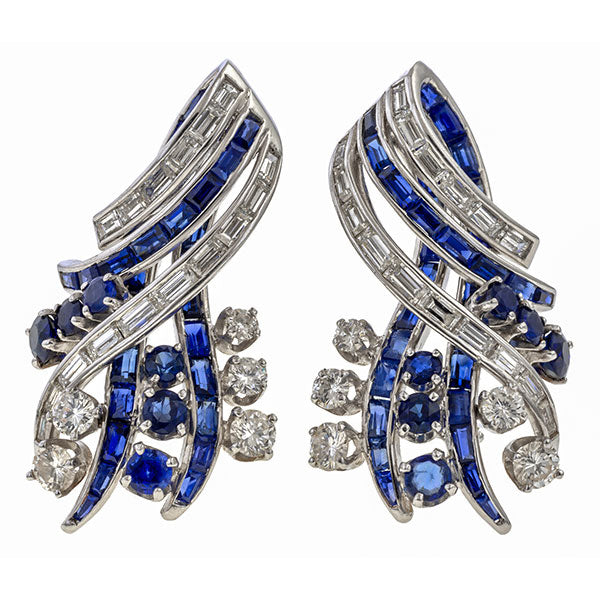 Retro Diamond & Sapphire Earrings sold by Doyle and Doyle an antique and vintage jewelry boutique.