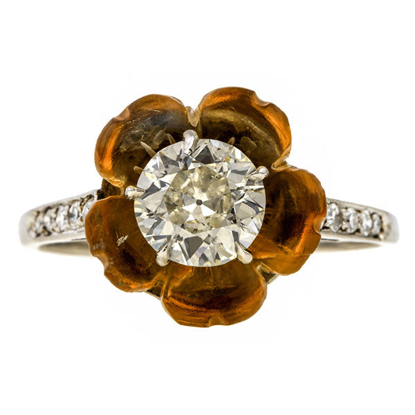 Vintage Diamond & Citrine Flower Ring, Old Euro. 0.93ct. sold by Doyle & Doyle vintage and antique jewelry boutique.