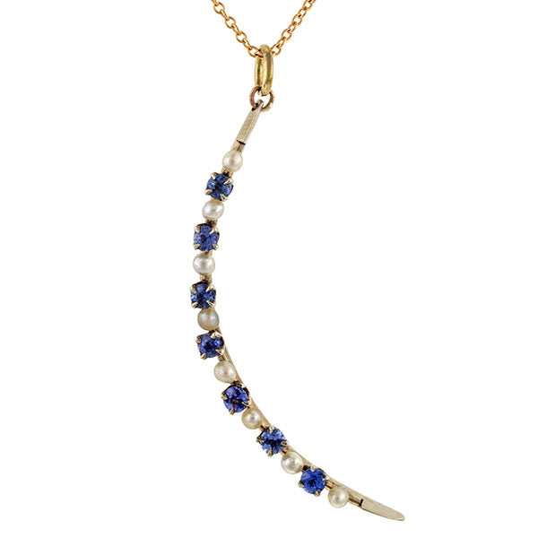 Vintage Sapphire & Pearl Crescent Pendant Necklace sold by Doyle and Doyle an antique & vintage jewelry boutique.