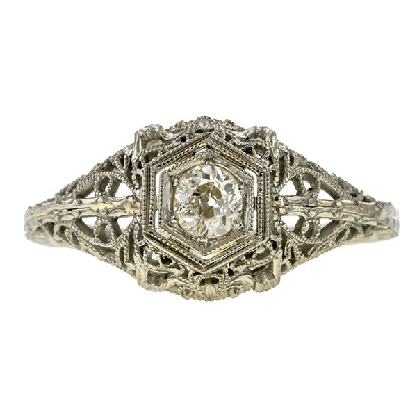 Art Deco Diamond Solitaire Ring, Old Euro. 0.17ct. sold by Doyle & Doyle vintage and antique jewelry boutique.