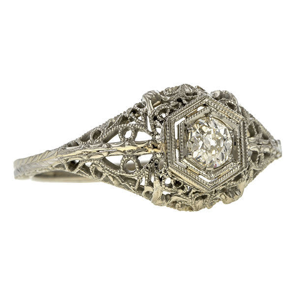 Art Deco Diamond Solitaire Ring, Old Euro. 0.17ct. sold by Doyle & Doyle vintage and antique jewelry boutique.