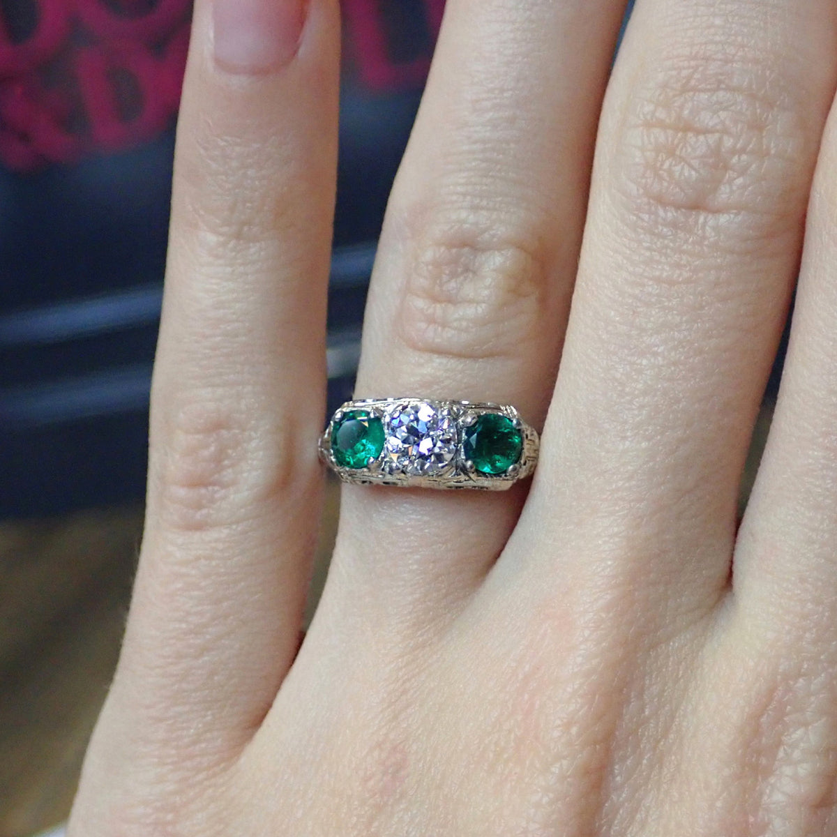 Vintage Diamond & Emerald Ring sold by Doyle and Doyle an antique and vintage jewelry boutique.