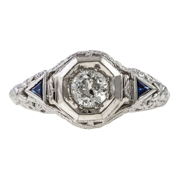 Art Deco Filigree Diamond Ring, Old Euro 0.45ct. sold by Doyle & Doyle vintage and antique jewelry boutique.