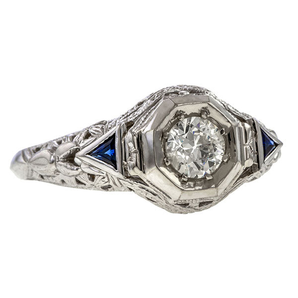 Art Deco Filigree Diamond Ring, Old Euro 0.45ct. sold by Doyle & Doyle vintage and antique jewelry boutique.