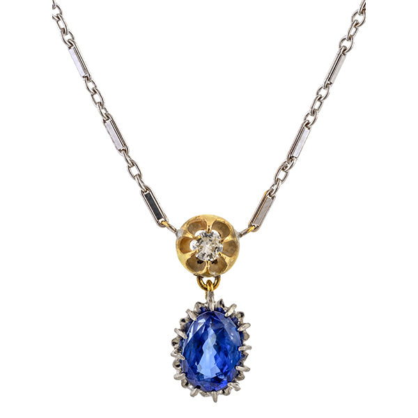 Vintage Sapphire & Diamond Pendant Necklace sold by Doyle & Doyle an antique & vintage jewelry boutique.