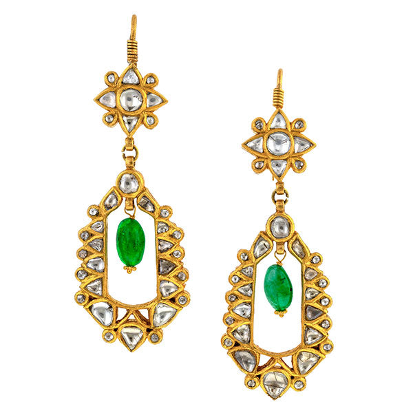 Estate Diamond & Emerald Bead Drop Earrings sold by Doyle and Doyle an antique and vintage jewelry boutique
