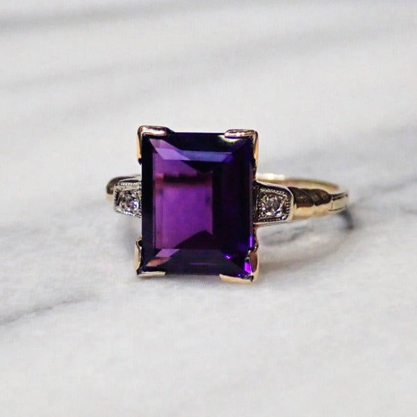 Vintage rectangular amethyst and diamond gold ring from Doyle & Doyle in New York 110451R