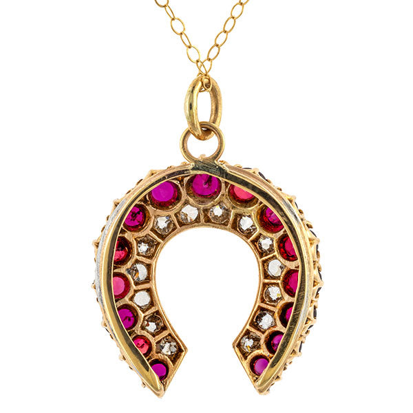 Antique Ruby & Diamond Horseshoe Pendant Necklace