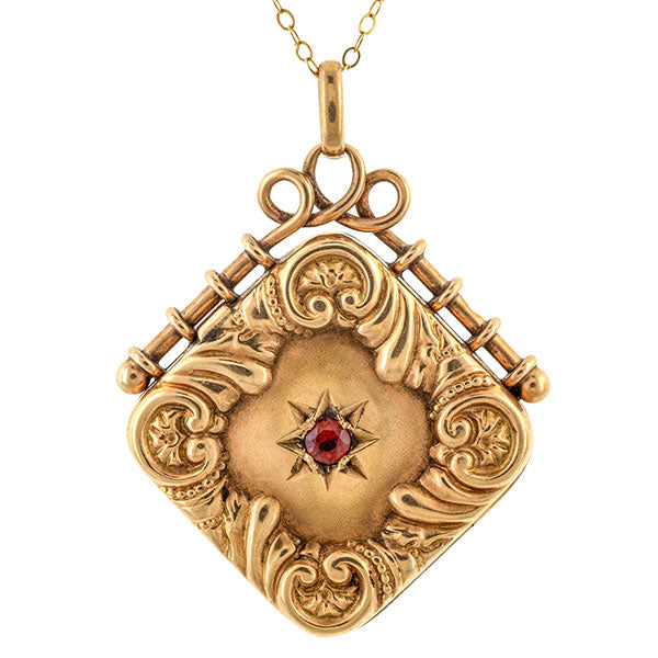 Antique Garnet Locket Necklace sold by Doyle and Doyle an antique and vintage jewelry boutique.