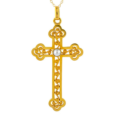 Antique French Pearl Cross Pendant Necklace sold by Doyle and Doyle an antique and vintage jewelry boutique.