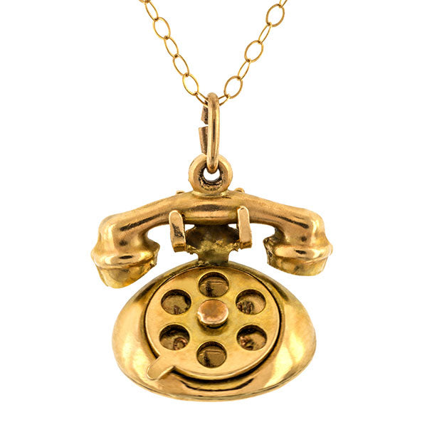 Antique Telephone Charm Pendant sold by Doyle & Doyle an antique and vintage jewelry boutique.