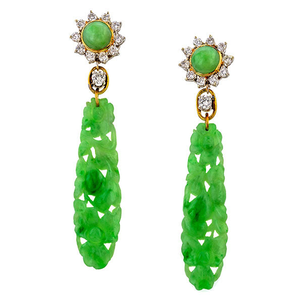 Vintage Carved Jade & Diamond Drop Earrings