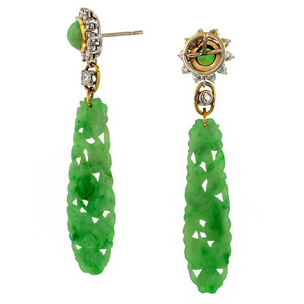 Vintage Carved Jade & Diamond Drop Earrings