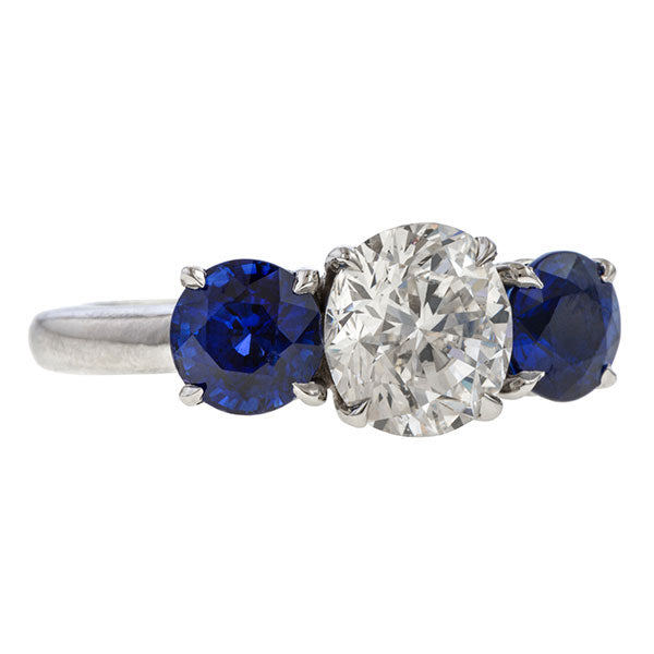 Vintage Cushion Cut Diamond & Sapphire Ring, 1.76ct sold by Doyle and Doyle an antique and vintage jewelry boutique