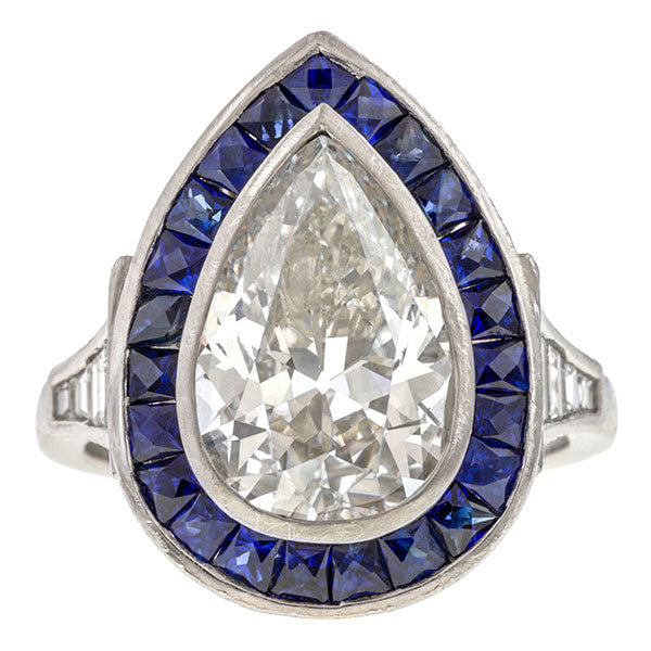 Art Deco Pear Shaped Diamond & Sapphire Ring sold by Doyle & Doyle an antique & vintage jewelry boutique.