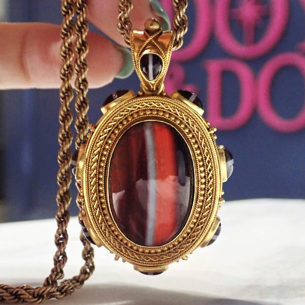 Victorian Banded Agate Pendant Locket sold by Doyle and Doyle an antique and vintage jewelry boutique