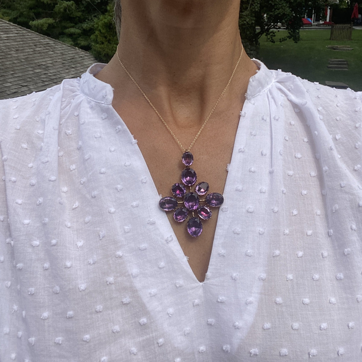 Victorian Amethyst Pendant Necklace sold by Doyle & Doyle an antique and vintage jewelry boutique.