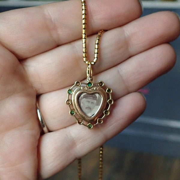 Victorian Diamond, Emerald & Enamel Heart Locket Pendant sold by Doyle and Doyle an antique and vintage jewelry boutique.