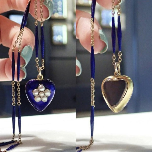 Victorian Blue Enamel & Pearl Heart Locket Necklace sold by Doyle and Doyle an antique and vintage jewelry boutique