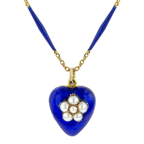 Victorian Blue Enamel &  Pearl Heart Locket Necklace  sold by Doyle and Doyle an antique and vintage jewelry boutique