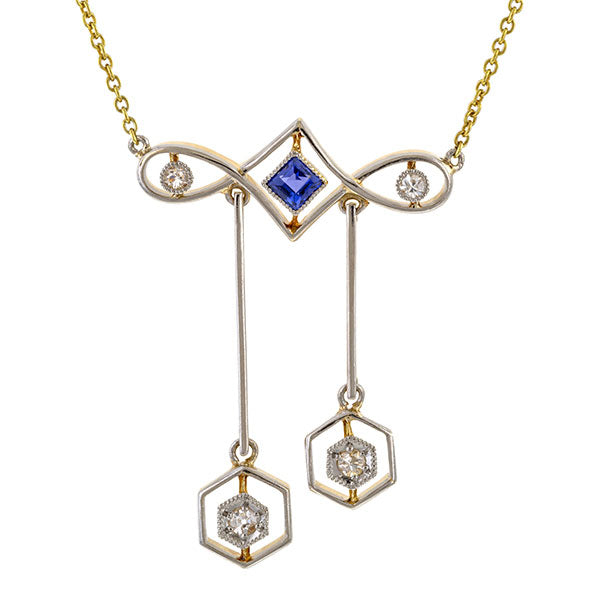 Art Deco Diamond & Sapphire Lavalier Necklace