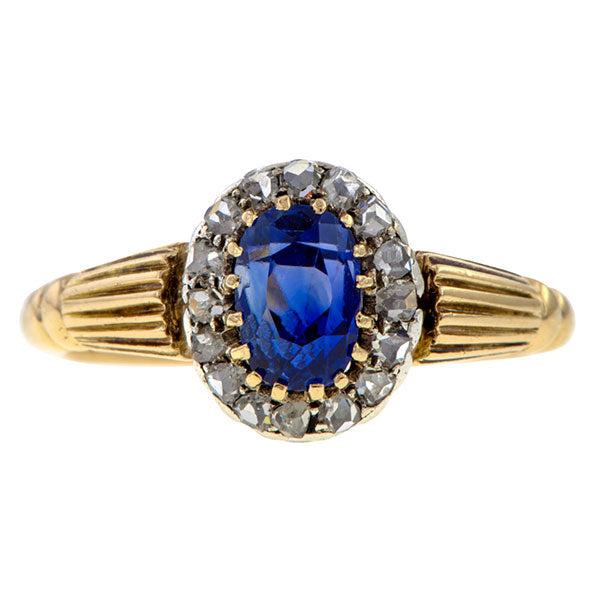 Victorian Sapphire & Diamond Cluster Ring sold by Doyle & Doyle an antique and vintage jewelry boutique.