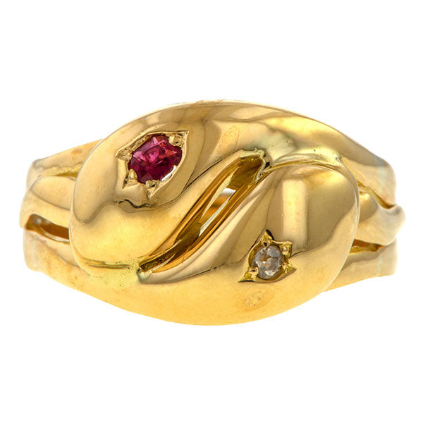 Vintage Ruby & Diamond Snake Ring sold by Doyle & Doyle an antique and vintage jewelry boutique.