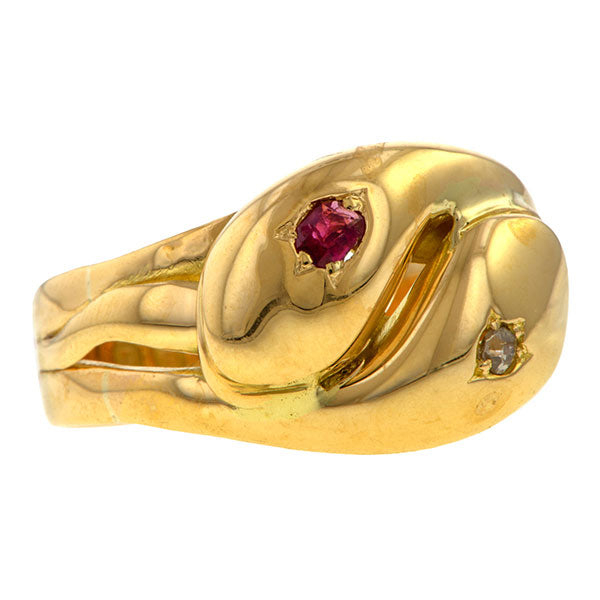 Vintage Ruby & Diamond Snake Ring sold by Doyle & Doyle an antique and vintage jewelry boutique.