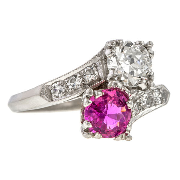 Vintage Twin Stone Ring, Pink Sapphire & Transition Round Brilliant Cut Diamond