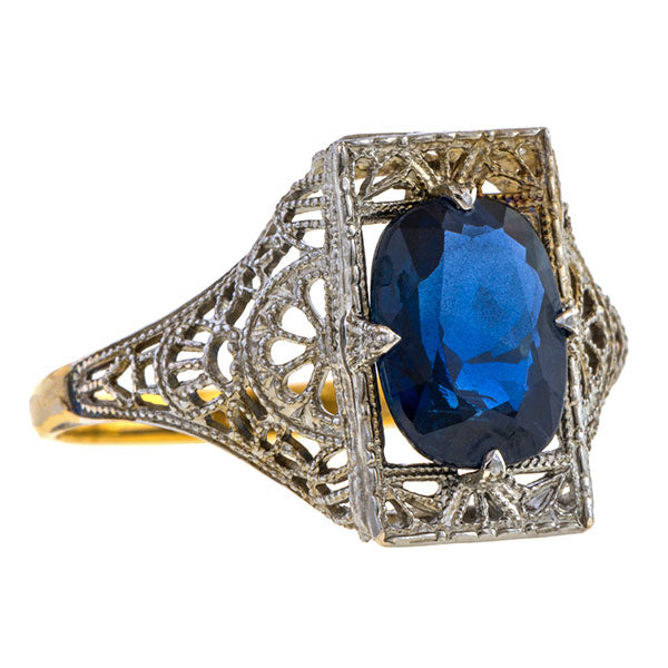 Vintage Sapphire Filigree Ring sold by Doyle and Doyle an antique and vintage jewelry boutique