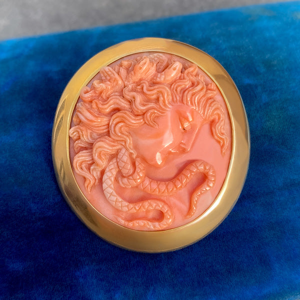 Antique Medusa Coral Cameo Pin sold by Doyle and Doyle an antique and vintage jewelry boutique