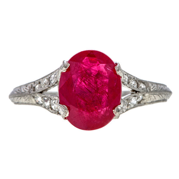 Art Deco No Heat Ruby 2.86ct. & Diamond Ring sold by Doyle and Doyle an antique and vintage jewelry boutique