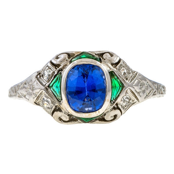 Art Deco Sapphire, Emerald & Diamond Ring, 1.00ct sold by Doyle and Doyle an antique and vintage jewelry boutique