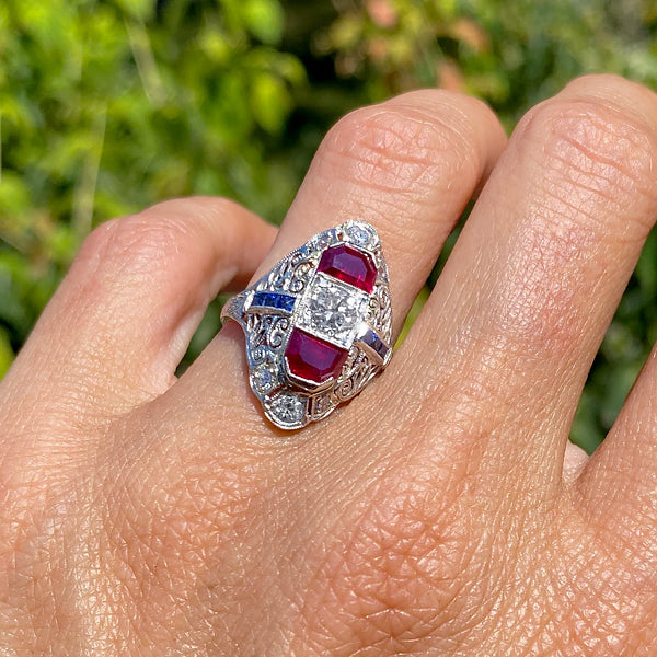 Art Deco Diamond, Ruby & Sapphire Dinner Ring sold by Doyle and Doyle an antique and vintage jewelry boutique