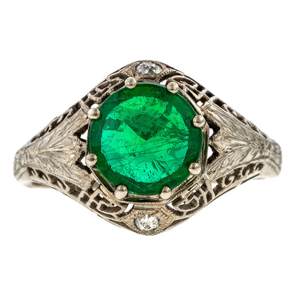 Art Deco Filigree Emerald Ring, 2.20ct sold by Doyle and Doyle an antique and vintage jewelry boutique