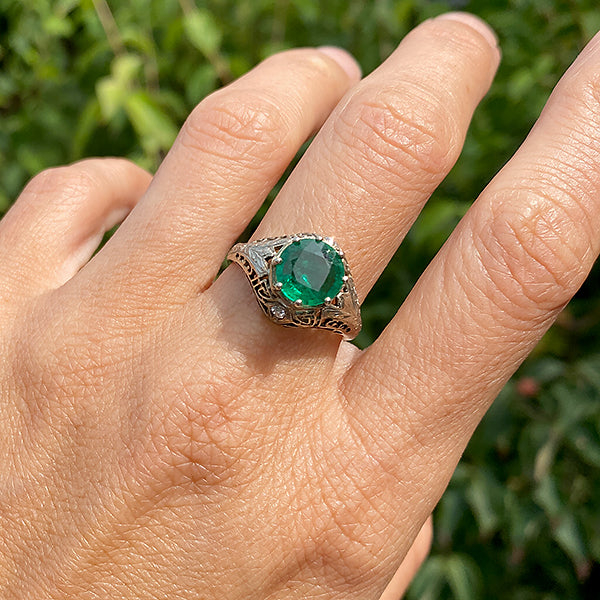Art Deco Filigree Emerald Ring, 2.20ct sold by Doyle and Doyle an antique and vintage jewelry boutique