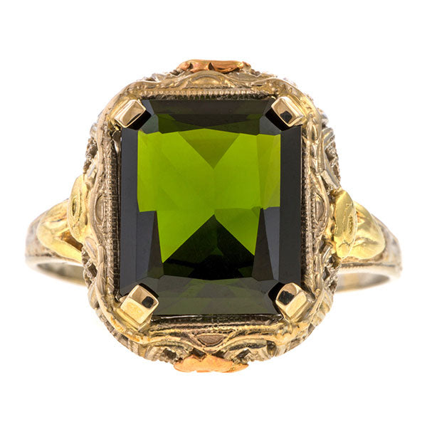 Vintage Green Tourmaline Filigree Ring sold by Doyle and Doyle an antique and vintage jewelry boutique